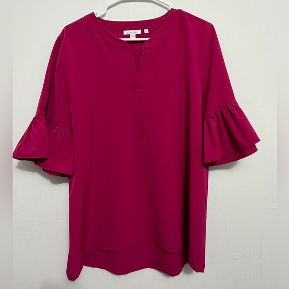 Chico’s 1.5 Pink V-Neck Blouse Ruffle Sleeve Stretch M (A411) - Picture 3 of 8
